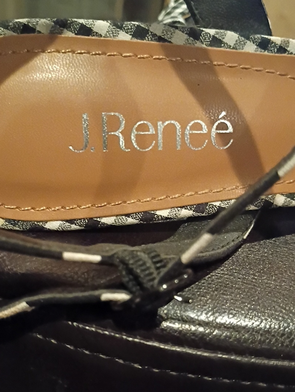 J.Renee Black & White Gingham/Polka Dot Strappy Sandals with Patterned Trim/Bow